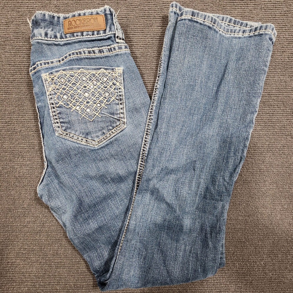 Rock & Roll Cowgirl Boyfriend Jeans Women 26X32 Blue Embroidered Pocket Western
